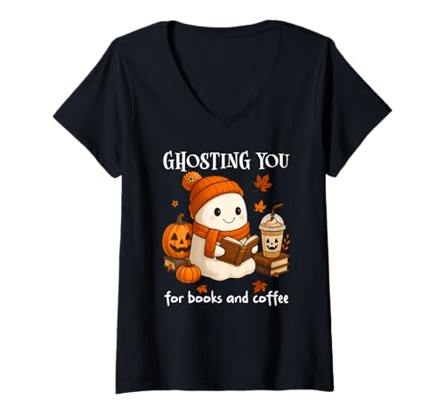 Damen Boojee Ghosting You for Coffee and Books Fall Ghost Reading T-Shirt mit V-Ausschnitt Damen Boojee Ghosting You for Coffee and Books Fall Ghost Reading T-Shirt mit V-Ausschnitt von Ghosting You for Books and Coffee Fall Ghost Shirt
