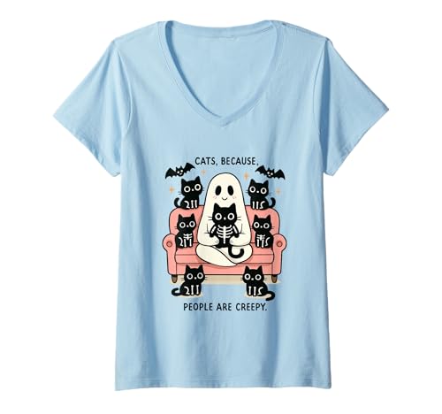 Damen Katzen, Weil Menschen gruselig sind, Ghost Vibe T-Shirt mit V-Ausschnitt Damen Katzen, Weil Menschen gruselig sind, Ghost Vibe T-Shirt mit V-Ausschnitt von Ghostly Cat Enthusiast Creepy People