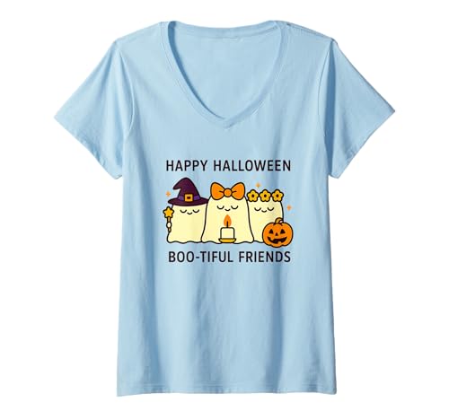 Damen Happy Halloween Boo-Tiful Friends Kawaii Geister Kürbis T-Shirt mit V-Ausschnitt Damen Happy Halloween Boo-Tiful Friends Kawaii Geister Kürbis T-Shirt mit V-Ausschnitt von Ghostly Friends Apparel