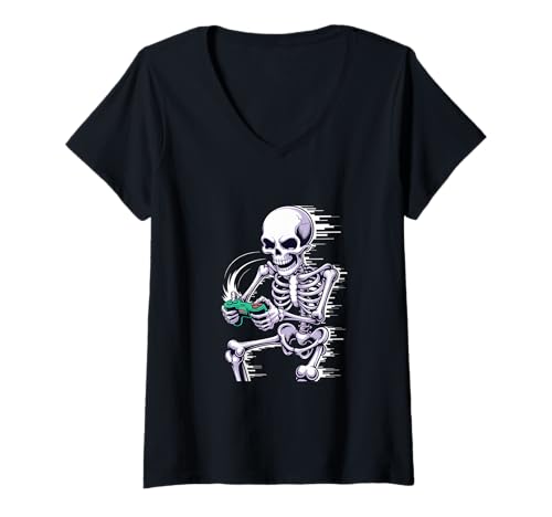 Damen Halloween Skeleton Gamer Playing Video Games T-Shirt mit V-Ausschnitt Damen Halloween Skeleton Gamer Playing Video Games T-Shirt mit V-Ausschnitt von Ghostly Gamer Skeleton In Action