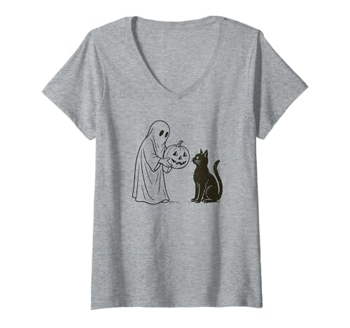 Damen Ghost Giving Halloween Jack-O-Laterne an eine Schwarze Katze T-Shirt mit V-Ausschnitt Damen Ghost Giving Halloween Jack-O-Laterne an eine Schwarze Katze T-Shirt mit V-Ausschnitt von Ghostly Halloween Gifts for Black Cat Lovers