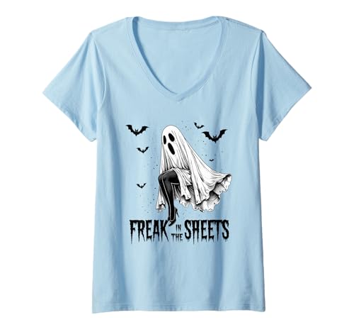 Damen Freak in The Sheets Geisterkostüm Halloween Lustig Erwachsene T-Shirt mit V-Ausschnitt Damen Freak in The Sheets Geisterkostüm Halloween Lustig Erwachsene T-Shirt mit V-Ausschnitt von Ghostly Midnight Mischief Apparel