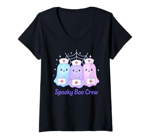 Damen Spooky Boo Crew Pastell Cute Ghost Medical Nurses Halloween T-Shirt mit V-Ausschnitt Damen Spooky Boo Crew Pastell Cute Ghost Medical Nurses Halloween T-Shirt mit V-Ausschnitt von Ghostly Nurse Apparel