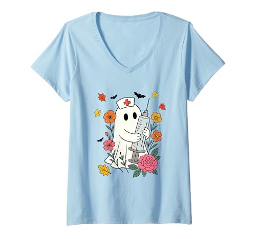 Damen Gruseliger Krankenschwester-Geist mit Blumen und Spritze T-Shirt mit V-Ausschnitt Damen Gruseliger Krankenschwester-Geist mit Blumen und Spritze T-Shirt mit V-Ausschnitt von Ghostly Nurse Halloween Floral Design
