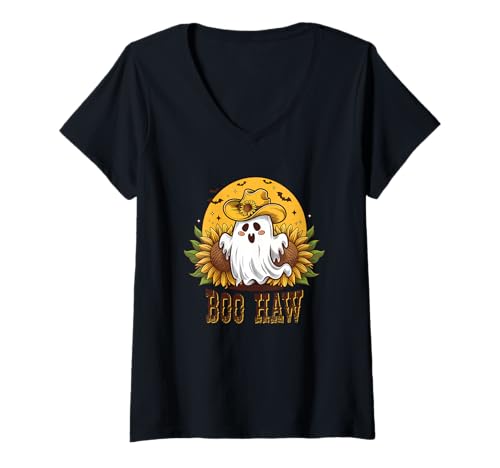Damen Boo Haw Ghost Cowboy Sonnenblume Halloween T-Shirt mit V-Ausschnitt Damen Boo Haw Ghost Cowboy Sonnenblume Halloween T-Shirt mit V-Ausschnitt von Ghostly Sunflower Cowboy Spirit Halloween
