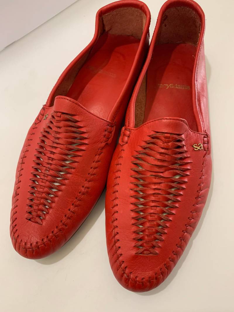 1980Er Jahre Vintage Stacy Adams Rotes Leder Rauchende Hausschuhe Huarache-Stil Twisted Weave Herren Loafers Größe 9.5 Hergestellt in Brasilien von GhostownBoutique