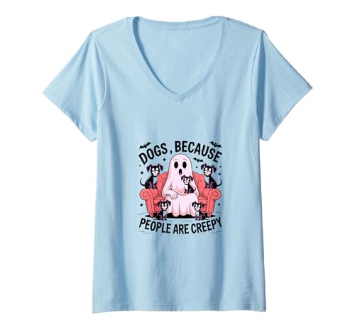 Damen Hunde, Weil Menschen gruselig sind.Halloween Geister T-Shirt mit V-Ausschnitt von Ghosts And Dogs Funny Halloween