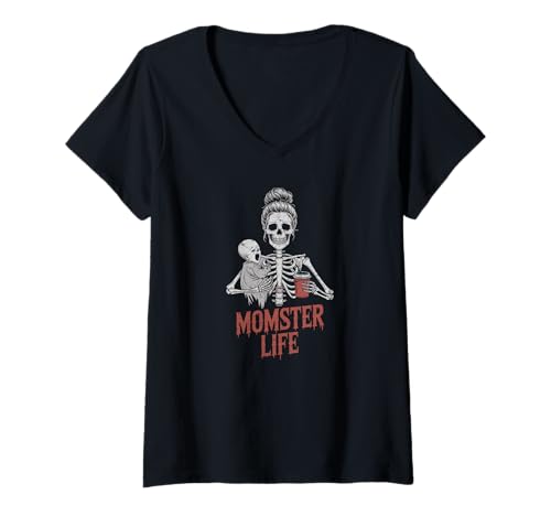 Damen Momster Life Skelett Mama mit Baby Kaffee Halloween T-Shirt mit V-Ausschnitt von Ghoul Mom Club