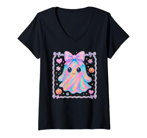Damen Süßer Pastellkokette Geist mit Schleife und Funkeln Halloween T-Shirt mit V-Ausschnitt Damen Süßer Pastellkokette Geist mit Schleife und Funkeln Halloween T-Shirt mit V-Ausschnitt von Ghoul School Club