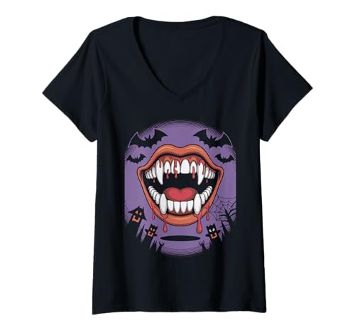 Damen Vampir Fledermäuse Halloween T-Shirt mit V-Ausschnitt Damen Vampir Fledermäuse Halloween T-Shirt mit V-Ausschnitt von Ghoulish Vampires at Halloween