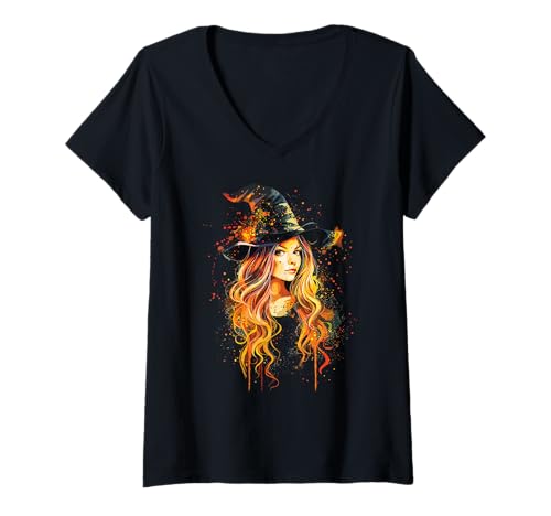 Damen Gruselige Pin Up Hexe Halloween Pinup Girl T-Shirt mit V-Ausschnitt von Ghoulish halloween gifts