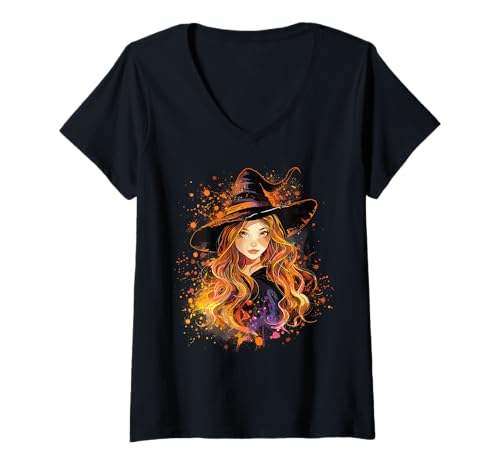 Damen Gruselige Pin Up Hexe Halloween Pinup Girl T-Shirt mit V-Ausschnitt von Ghoulish halloween gifts