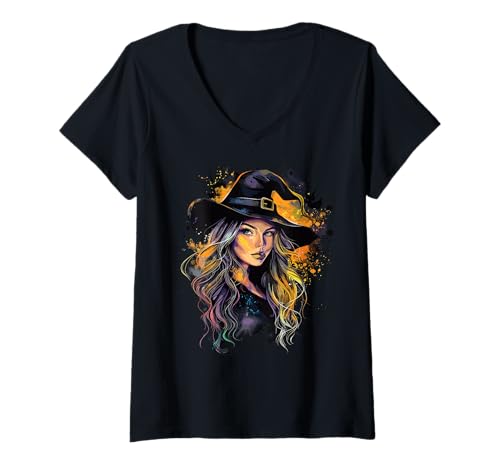 Damen Gruselige Pin Up Hexe Halloween Pinup Girl T-Shirt mit V-Ausschnitt von Ghoulish halloween gifts