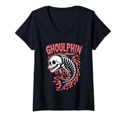 Damen Gruseliges Delfin-Skelett Halloween T-Shirt mit V-Ausschnitt Damen Gruseliges Delfin-Skelett Halloween T-Shirt mit V-Ausschnitt von Ghoulphin Eerie Dolphin Spook