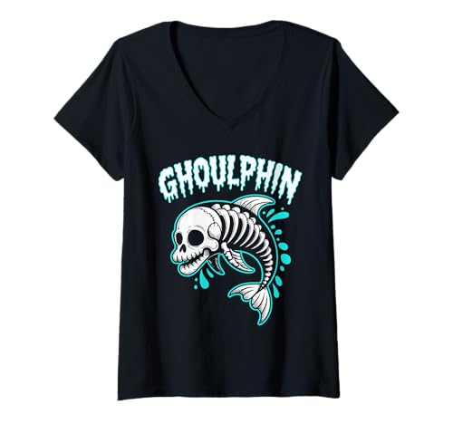 Damen Gruseliges Delfin-Skelett Halloween T-Shirt mit V-Ausschnitt Damen Gruseliges Delfin-Skelett Halloween T-Shirt mit V-Ausschnitt von Ghoulphin Eerie Dolphin Spook
