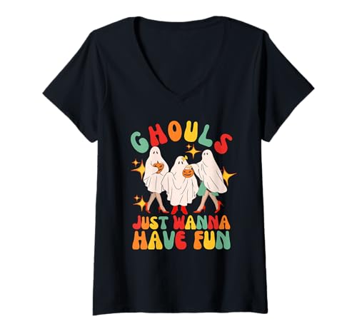Damen Ghouls Just Wanna Have Fun Retro Gruppe Halloween Mädchen Frauen T-Shirt mit V-Ausschnitt Damen Ghouls Just Wanna Have Fun Retro Gruppe Halloween Mädchen Frauen T-Shirt mit V-Ausschnitt von Ghouls Night Out Girls Halloween Group Designs
