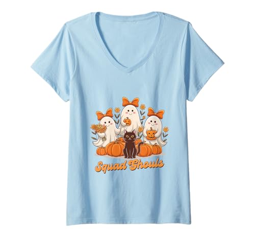 Damen Ghouls Squad Shirt mit niedlicher Ghosts-Gruppen-Halloween-Grafik T-Shirt mit V-Ausschnitt Damen Ghouls Squad Shirt mit niedlicher Ghosts-Gruppen-Halloween-Grafik T-Shirt mit V-Ausschnitt von Ghouls Squad Tee Shirts Tee Shirts Tee Shirts
