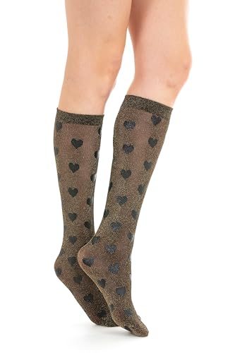 2 Paar Socken aus Mikrofaser Lurex mit Schleife. Lange, halbdeckende Socken mit Glitzer, 30 Denier, Nr. 1157, Gold Herz, Einheitsgröße von Gi&Gi