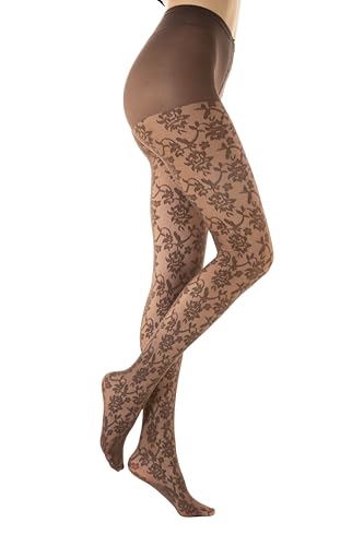 Gi&Gi Damen-Strumpfhose, Fantasie, Netzgewebe, 40 Denier, mit Zwickel aus Baumwolle, für Damen, mit fröhlichem Muster, Blumen all over.N.1607 bunt, dunkelbraun, Small-Medium von Gi&Gi