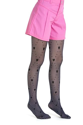 Gi&Gi Mädchen-Strumpfhose FANTASIA 40 DEN, gekennzeichnet durch ein Muster aus Rauten und Alloverherzen, dunkelblau, 12-14 Jahre von Gi&Gi