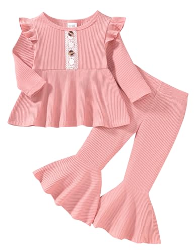 GiHaood Baby Mädchen Kleidung Langarm Spitzenknopfoberteil Dehnbare Glockenbodenhosen 2-teiliges Set Pink Liebevolle neue Kinderoutfits 18-24 Monate von GiHaood