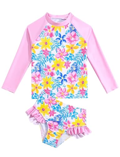 GiHaood Mädchen Badekostüm Zweiteiliger Badeanzug Rosa tropischer Blumendruck Langarm Sommer Rash Guard Badeanzug mit Rüschen Bikini Bottoms Bademode Badeanzug Set von GiHaood