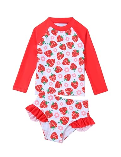 GiHaood Mädchen Badekostüm Zweiteiliger Badeanzug Roter Erdbeer Print Langarm Sommer Rash Guard Badeanzug mit Rüsche Bikini Bottoms Bademode Badeanzug Set von GiHaood