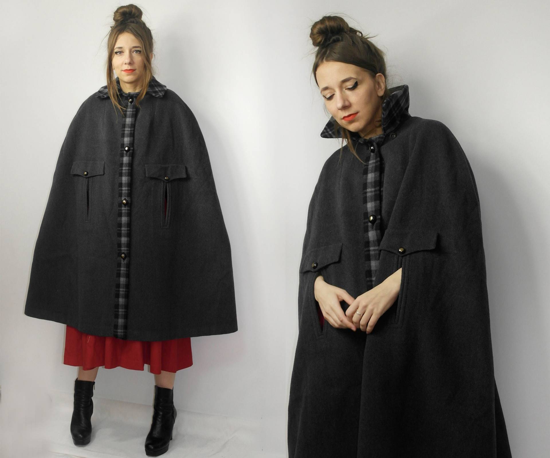 Vintage Wolle Cape/Graues Winter Poncho Mantel Boho Ethno Folk Herbst Gothic Mystery von GiKooVintage
