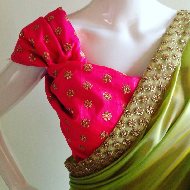 Lime Grün Semi Seide Saree Pink Pailletten Stickerei Bluse von GiaExquisiteIndian