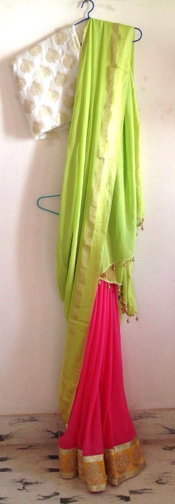 Rosa Grün Chiffon Saree Mit Brokat Bluse - Nach Maß von GiaExquisiteIndian