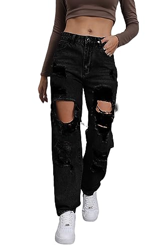 Giallino Zerrissene Jeans Damen Distressed hohe Taille Jeans für Frauen Trendy Wide Straight Leg Y2k Pants Damenjeans, Schwarz, M von Giallino