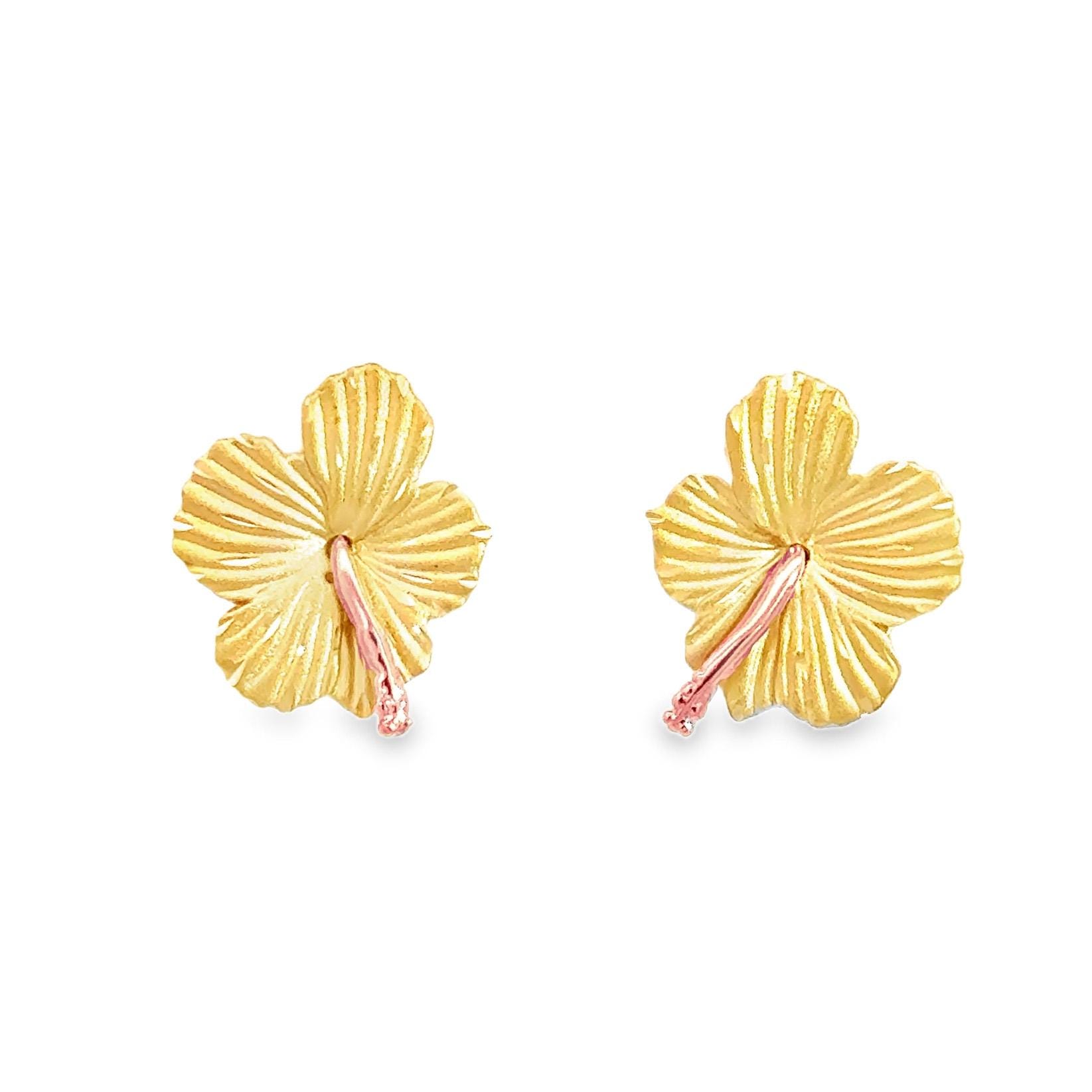 14K Solid Gold Zweifarbige Hibiskus Ohrstecker. Florale Ohrringe von GianniDeloro