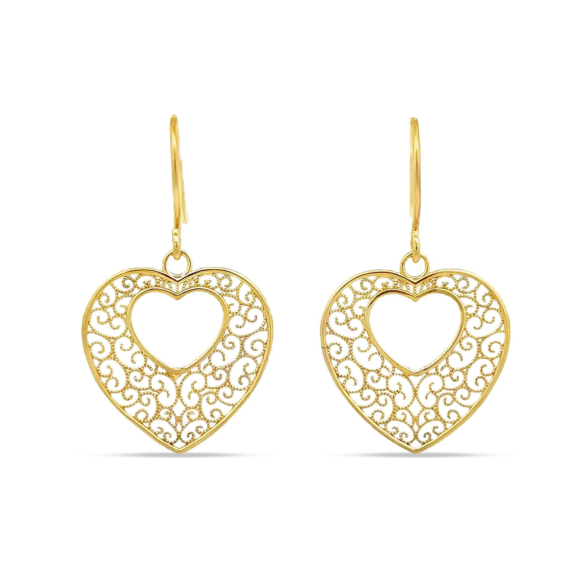 14K Gold Filigrane Herz Ohrring An Fish Hook Brisuren von GianniDeloro