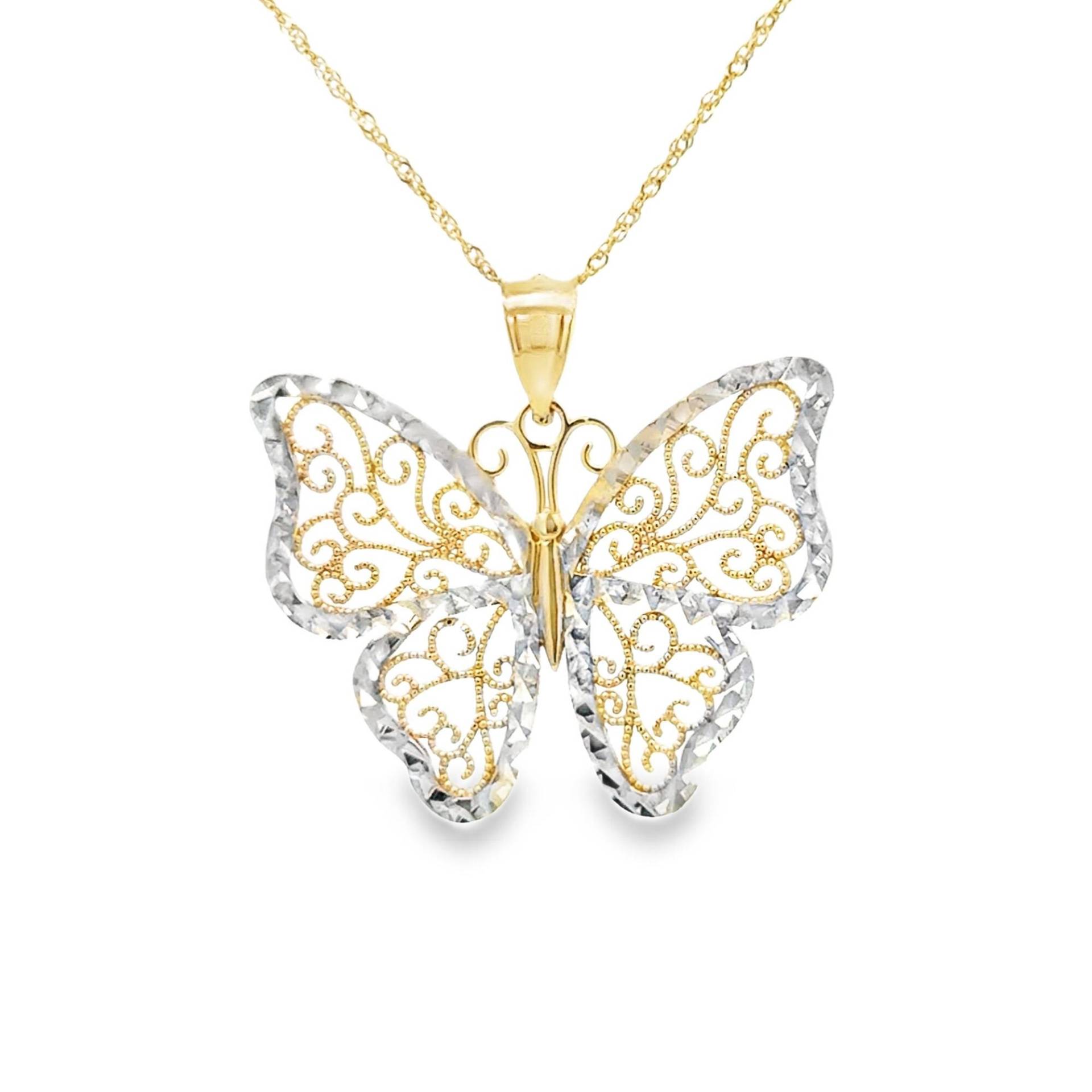 14K Gold Zweifarbiger Filgraner Schmetterling Mit Diamantschliff Akzent von GianniDeloro