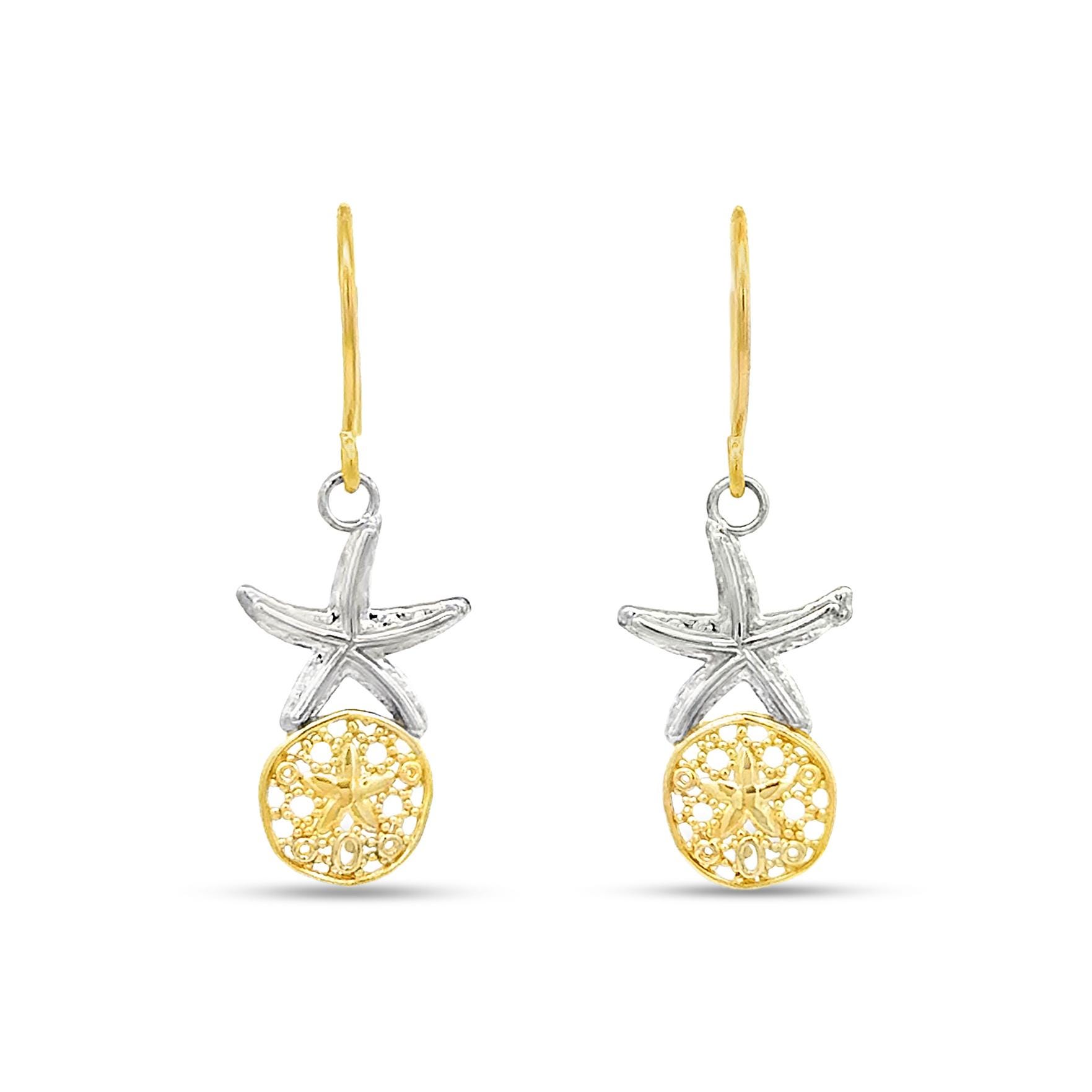 14K Gold Zweifarbiger Seestern & Sanddollar Ohrring An Fischhaken Draht von GianniDeloro