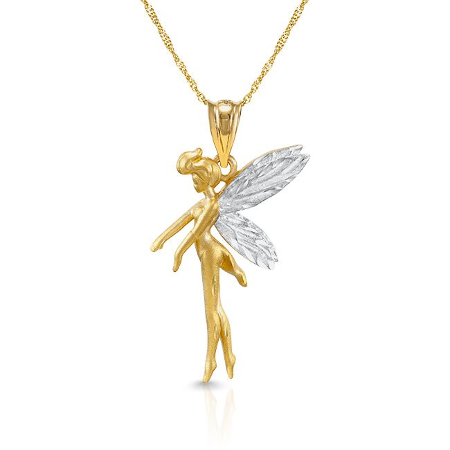 14K Solid Gold Fee Anhänger Halskette Zweifarbiges Fantasy Schmuckstück von GianniDeloro