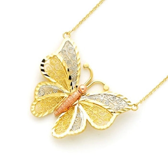 14K Tricolor Gold Filigrane Schmetterling Anhänger Halskette von GianniDeloro