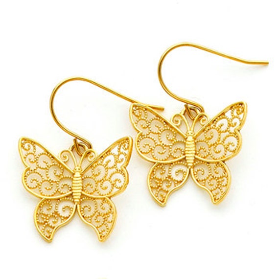 14Kt Gold Filigrane Perlen Schmetterling Fisch Haken Ohrringe von GianniDeloro