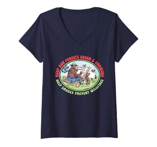 Damen Keep Our Forest Green & Growing Smokey Bear Illustration T-Shirt mit V-Ausschnitt Damen Keep Our Forest Green & Growing Smokey Bear Illustration T-Shirt mit V-Ausschnitt von Giant Step Design Co.