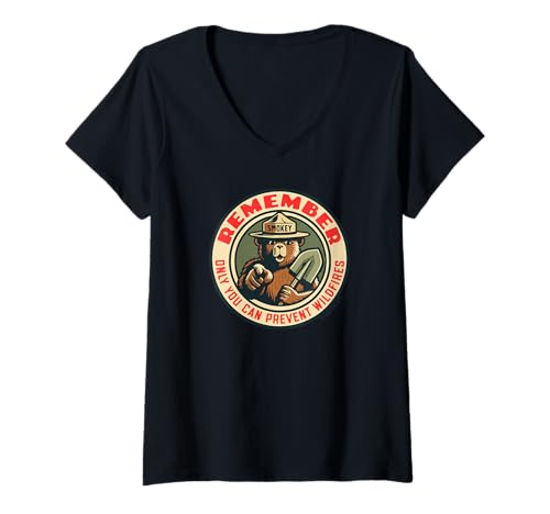 Damen Remember Only You Vintage Smokey Bear Seal Retro T-Shirt mit V-Ausschnitt Damen Remember Only You Vintage Smokey Bear Seal Retro T-Shirt mit V-Ausschnitt von Giant Step Design Co.