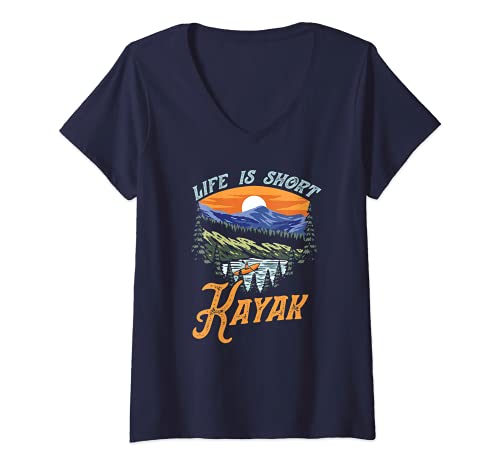 Damen Life is Short - Kayak Vintage Mountain & Nature Paddling 80s T-Shirt mit V-Ausschnitt Damen Life is Short - Kayak Vintage Mountain & Nature Paddling 80s T-Shirt mit V-Ausschnitt von Giant Step Paddle Gear