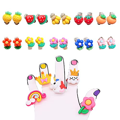 GiantGo Kinder spielen Ringe und Mädchen Clip auf Ohrringe, 5Pcs einstellbare Ringe Set und 20Pcs niedliche Ohrringe Set für kleine Mädchen Pretend Play Prinzessin Schmuck Spielzeug Dress Up Party von GiantGo