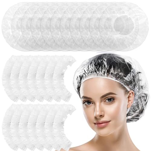 Giantree 100Stücke Duschhaube Damen, Shower Cap Wasserdichte Duschkappen Dicken Kunststoff Klar Haar Kappe Für Frauen Spa Salon Haar Behandlung Hotel Reisezubehör Transparente Elastische Hair Bonnet von Giantree