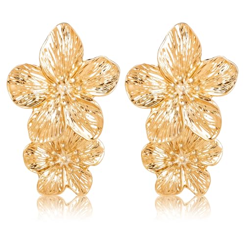 Giantree 1 Paare Blumen Ohrringe Gold, Boho Ohrringe Doppelschichtige Metall Ohrringer Gold Damen Blume Baumeln Schmuck Damen Modisches Statement Hochzeit Ohrschmuck Für Alle Gelegenheiten von Giantree