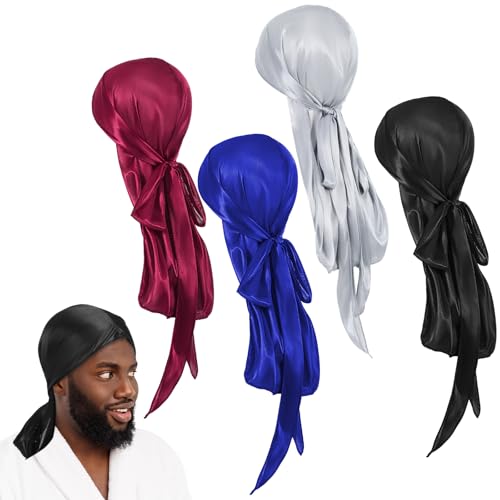Giantree 4 Stück Seide Männer Durag, Durags Rags mit Langem Silky Durag für Männer Ultraweiche Wellenkappe für Männer Frauen (Mehrfarbig) von Giantree