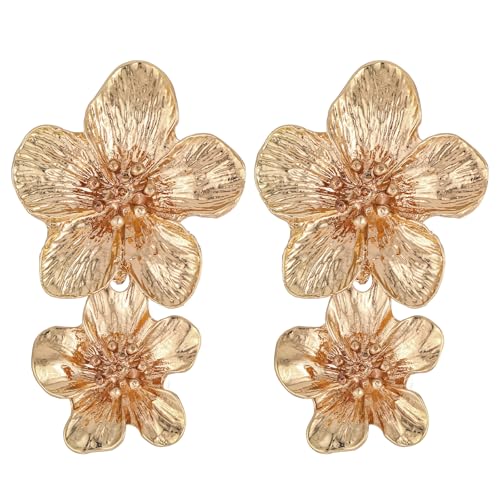Giantree Blume Ohrringe Gold, Doppelschichtige Blume Baumeln Ohrringe, Metall Blütenblatt Ohrstecker Große Blume Tropfen Ohrring Modisches Statement Hochzeit Ohrschmuck für Mädchen und Frauen von Giantree