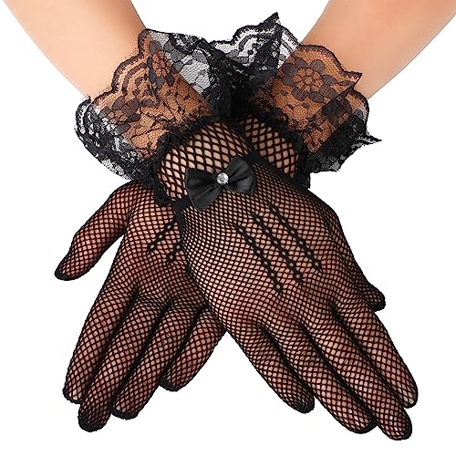 Giantree Frauen Spitze Handschuhe, elegante kurze Spitze Handschuhe für Hochzeit Diner Party Tea Party Cosplay Oper Abend Party Kostüm Zubehör (Schwarz) von Giantree