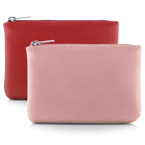 Giantree Kleine Geldbörse für Frauen, 2 Stück Niedliche Leder Lychee Muster Zipper Münztasche Tragbares Portemonnaie Mini Münzgeldbörse für Frauen Damen ID Schlüssel Headset (Rosa+Rot) von Giantree