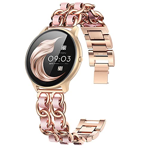 Giaogor Damen Kettenbänder Kompatibel mit AGPTEK, Edelstahlband Lederschlaufe Ersatzarmband für AGPTEK LW11 smartwatch (Roségold-Rosa) von Giaogor