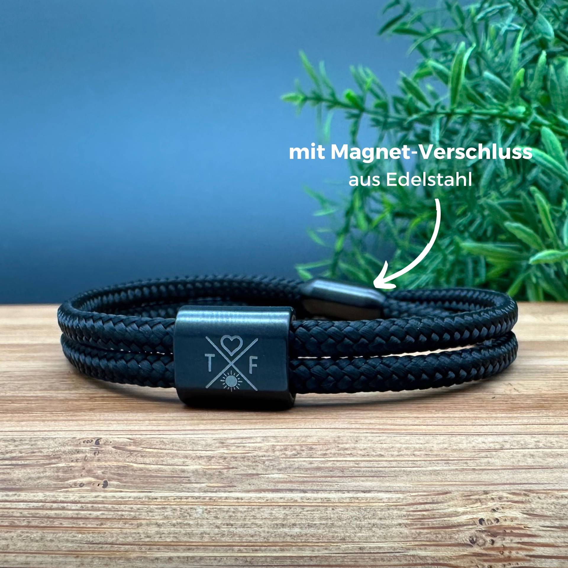 Armband Für Männer, Partnerarmband Mit Magnetverschluss, Segeltau Armband, Personalisiertes Gravur, All Black von GibX